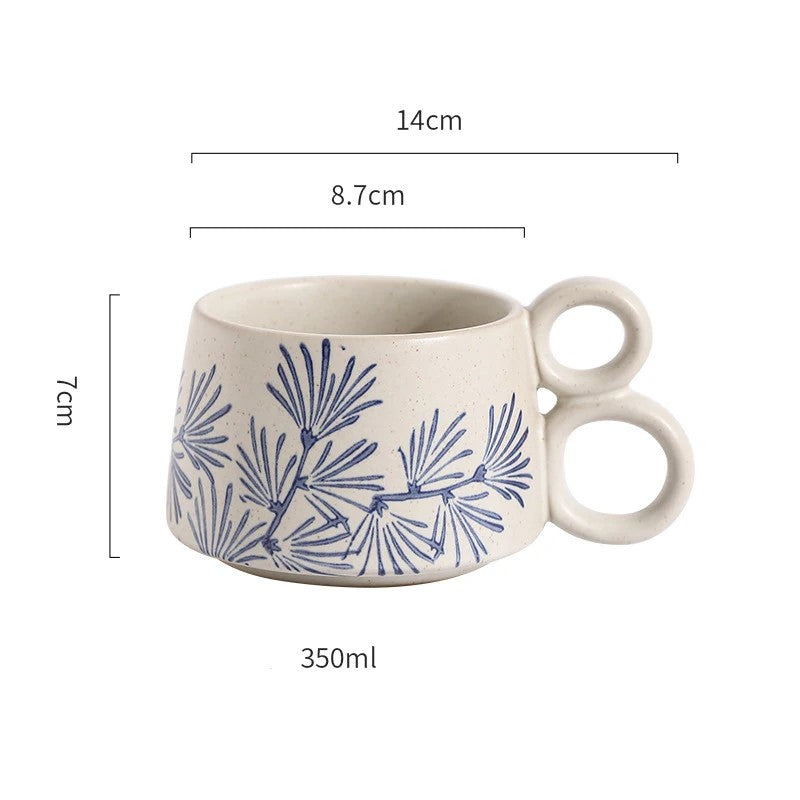 Nature In Blue Ceramic Mug With Double Loop Handle Pine Needles Pattern Drinking Cup Size Measurements