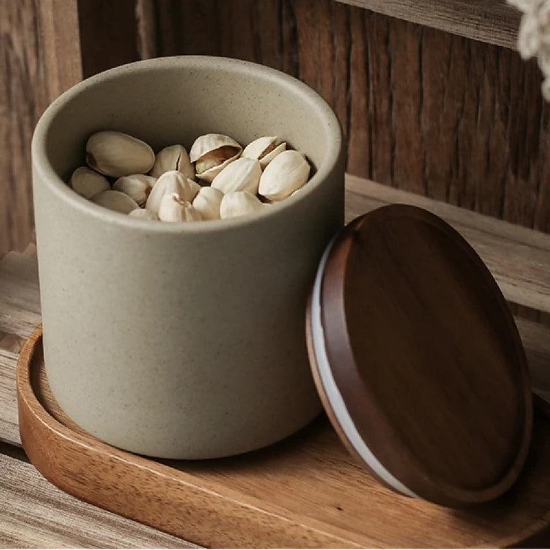 Pistachios In Sealable Ceramic Jar Organic Modern Style Food Storage Container With Wooden Lid And Tray