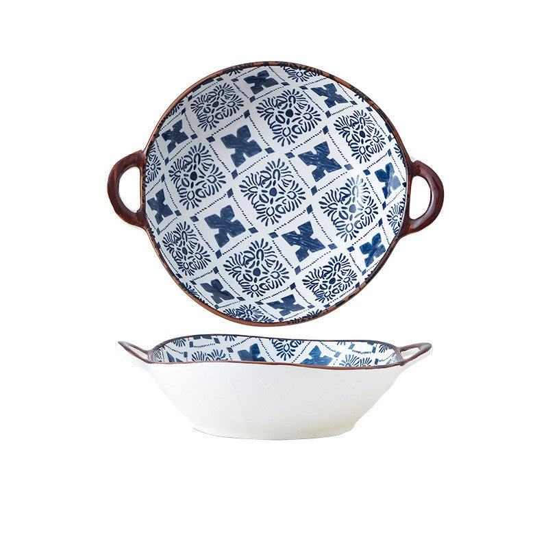Farmhouse Mediterranean Style Porto Patchwork Irregular Shaped Ceramic Bowl With Handles