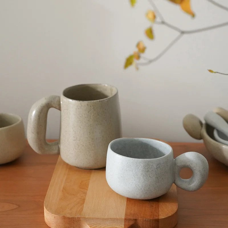 Organic Kitchen Decor Shallow And Deep Ceramic Pottery Mugs In Earthy Colors And Retro Style