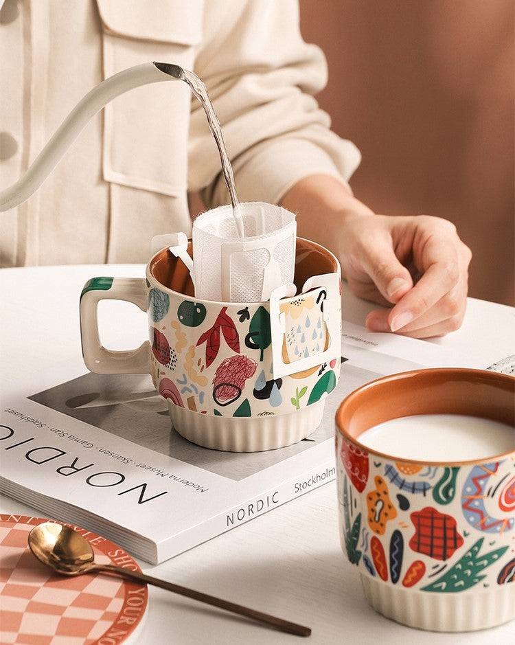Flower Pattern Coffee Mug, Stackable Porcelain Coffee Cups, Boho