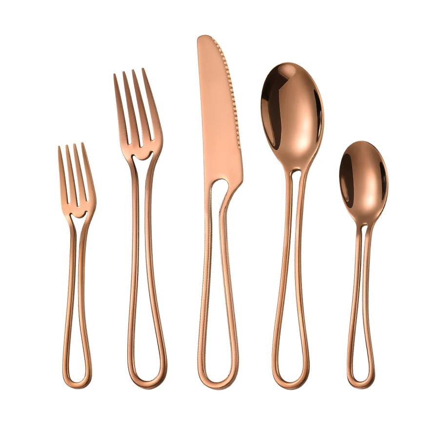Minimalist Cut Out Handle Stainless Steel Rose Gold Flatware 5 Piece Set