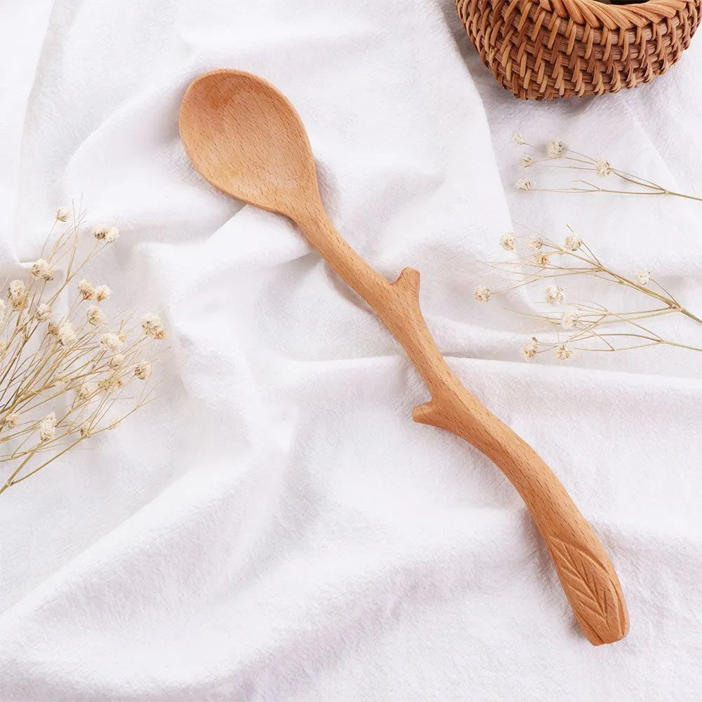 Branch Spoon Made Of Beechwood With Hand Carved Style Leaf On Handle