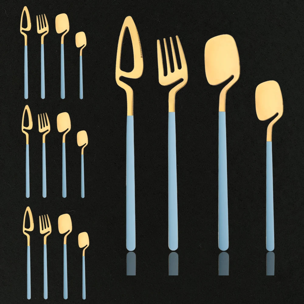 16 Piece Set Surreal Gold And Blue Stainless Steel Flatware With Colorful Blue Handles