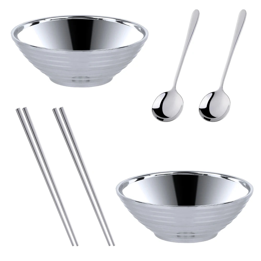 Dish Sets With Utensils Glam Stainless Steel Insulated Colorful Silver Noodle Bowls With Matching Silver Spoons And Silver Chopstick Sets