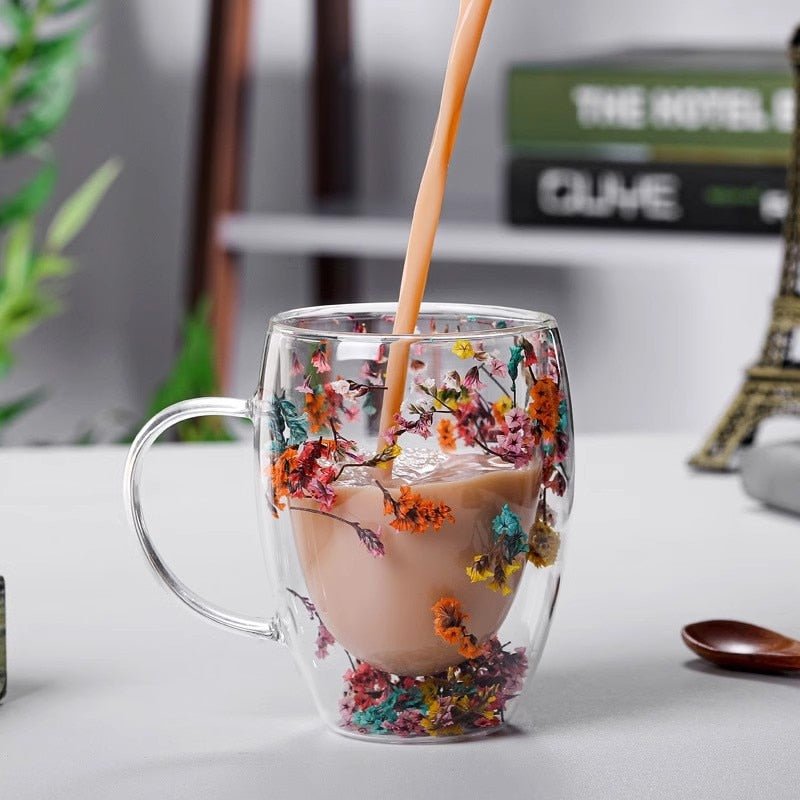 Colorful Flower Filled Glass Coffee Mug
