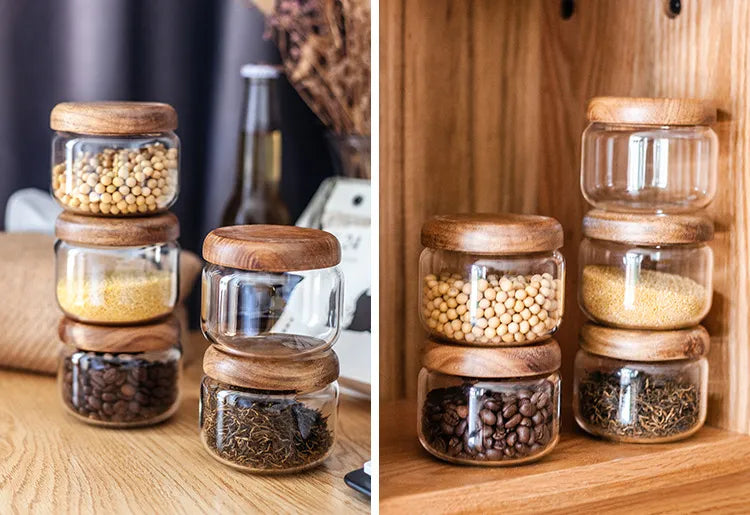 Stackable Glass Jars With Wooden Lids That Reseal The Wilder Collection Food Storage Jars For Countertop Decor And Pantry Organization