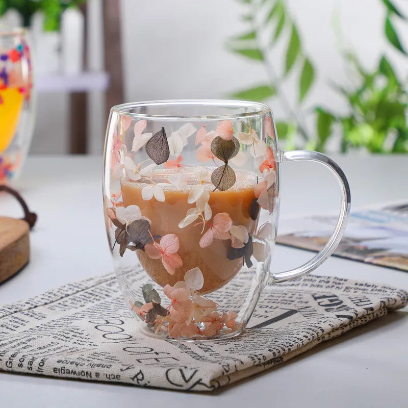 Petal Fancy Dried Flowers Double Wall Glass Mugs