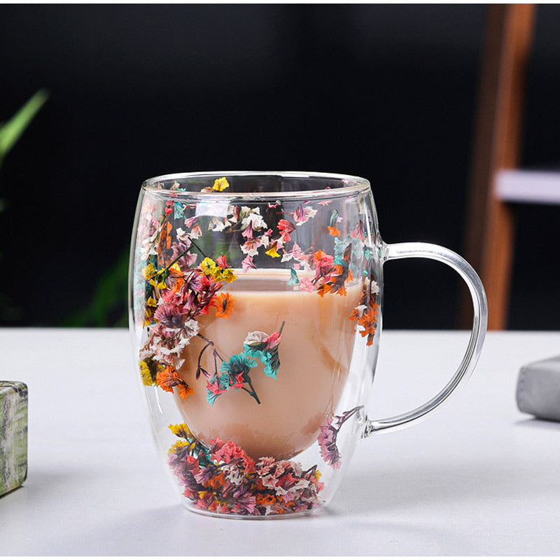 Vibrant Flowers In Glass Coffee Cup Brilliant Meadow Dried Flowers Double Wall Mug Is A Great Gift