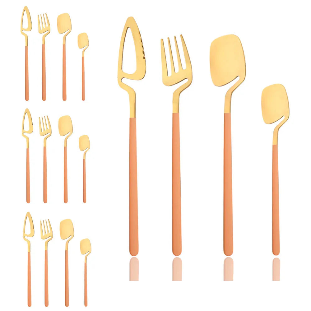 Surreal Style Gold Stainless Steel Flatware With Colorful Orange Handles Silverware 16 Set Piece