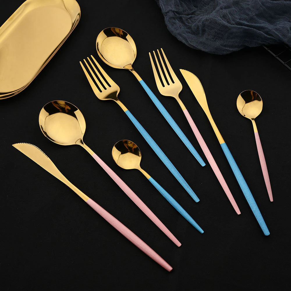 Gold Spoons Forks And Knives With Pink And Blue Handles Stainless Steel Flatware