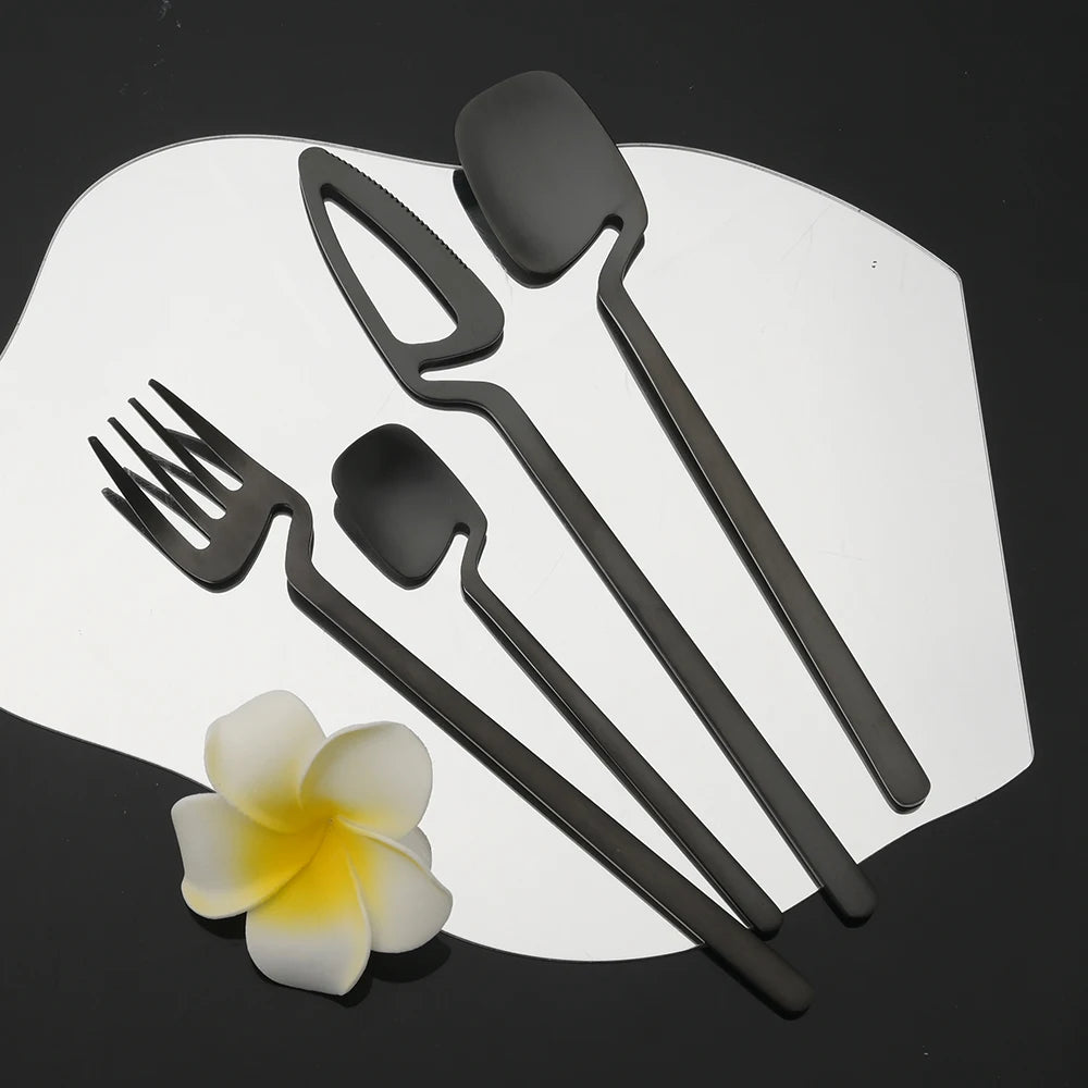 Sleek Black Silverware Surreal Shapes Stainless Steel Fork Spoons And Knife Flatware Sets