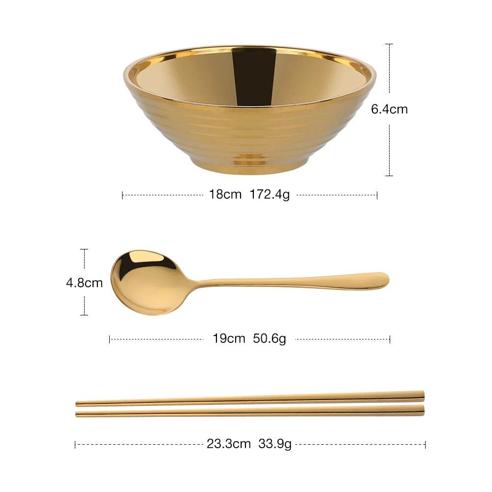 Glam Stainless Steel Insulated Colorful Gold Noodle Bowl With Matching Gold Spoon And Gold Chopsticks Set