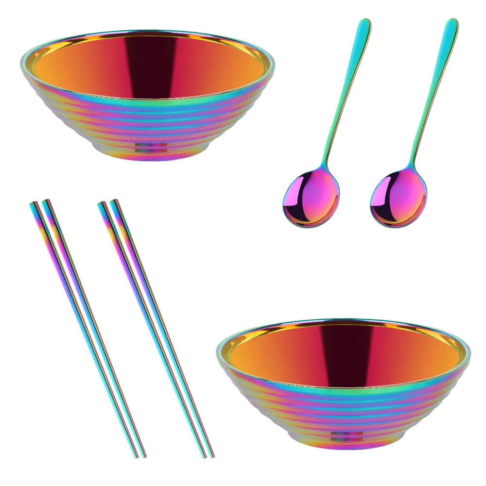 Dish Sets With Utensils Glam Stainless Steel Insulated Colorful Iridescent Noodle Bowls With Matching Iridescent Spoons And Iridescent Chopstick Sets