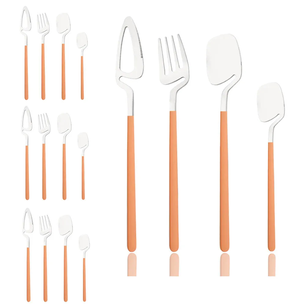 Surreal Style Silver Stainless Steel Flatware With Colorful Orange Handles Silverware 16 Set Piece