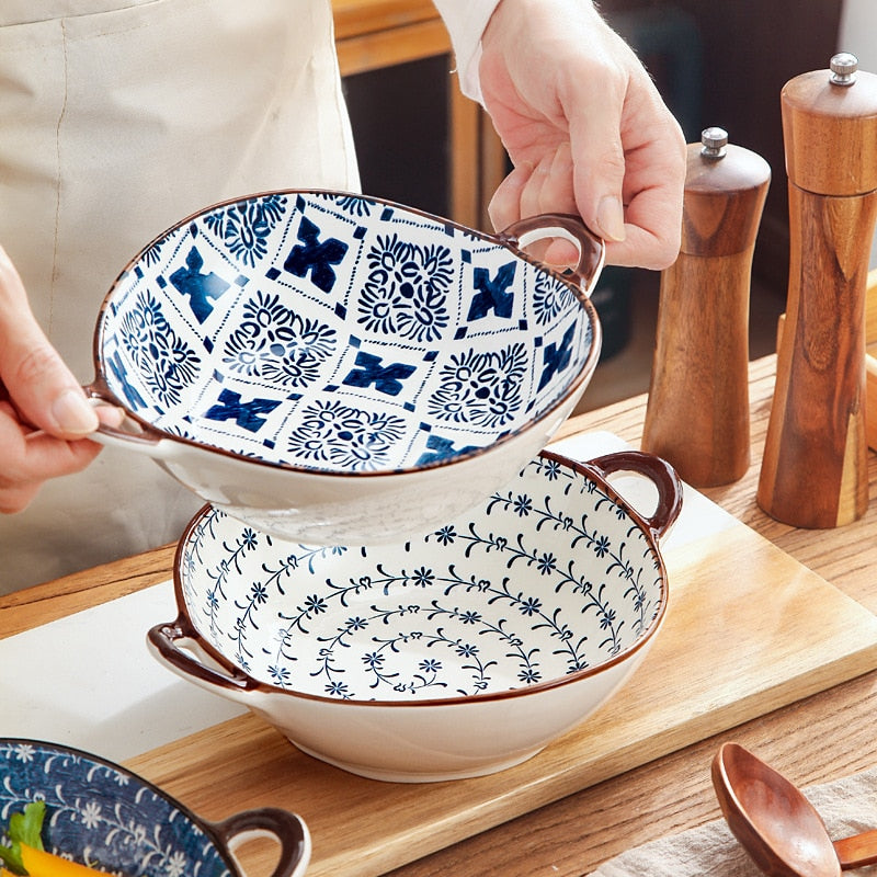 Greek Inspired Dish Farmhouse Mediterranean Bowls With Handles Irregular Shape Stackable Tableware
