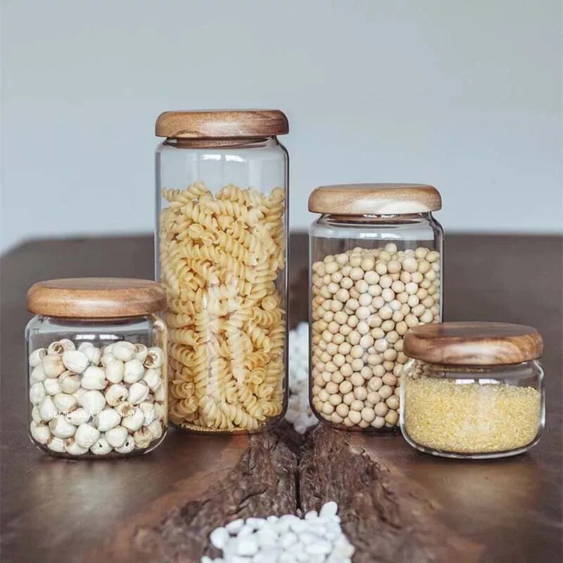 Storing Dry Pasta Nuts Dried Beans And Other Foods In Organic Style Decor From The Wilder Collection Stylish Acacia Wood Lids And Glass Jars