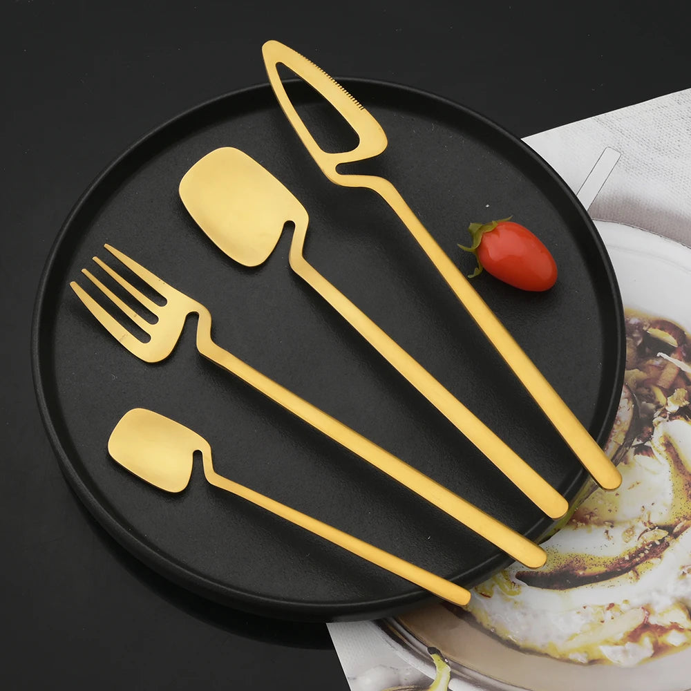 Gold Flatware In Unique Shapes Surreal Stainless Steel Spoons Fork And Knife Sets