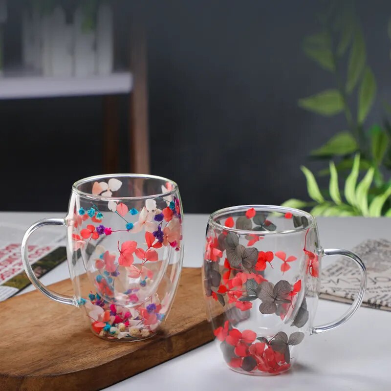 Colorful Flowers In Petal Fancy Mugs Double Wall Cups With Floral Petals In Them