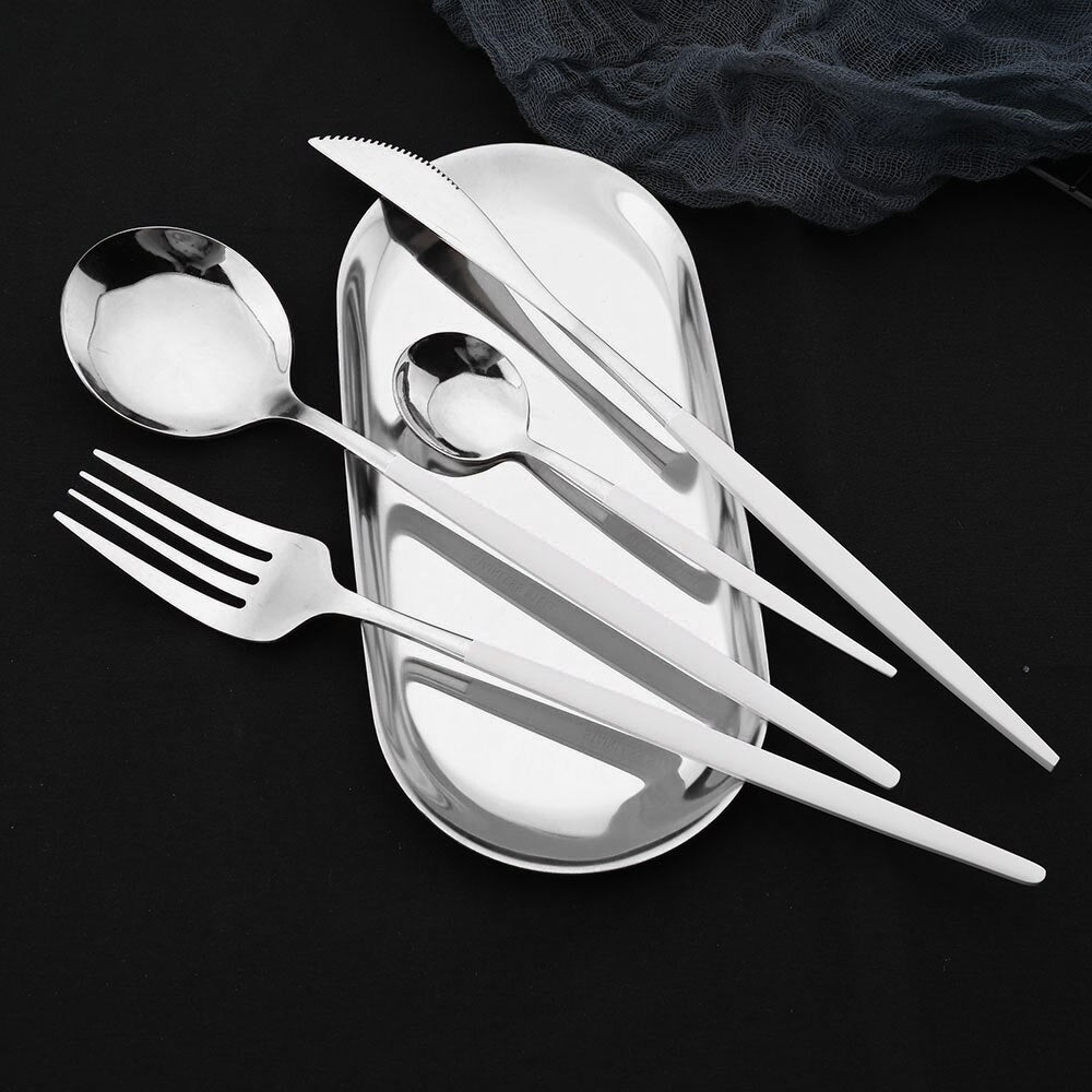 Silver Silverware With White Handles Fork Two Size Spoons Knife Stainless Steel Flatware