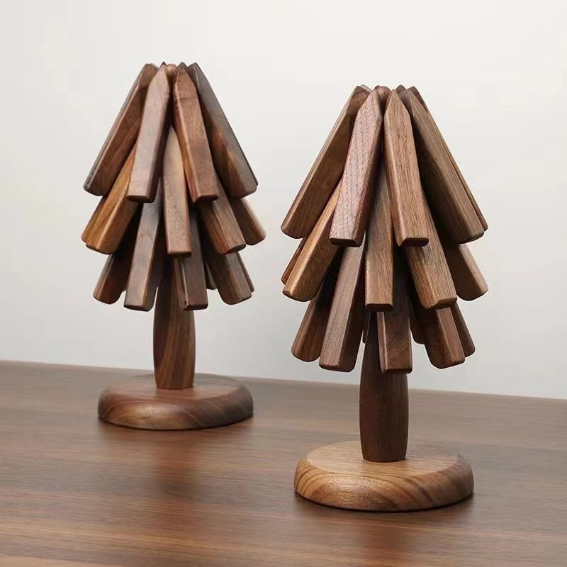 Two Wood Trivet Trees With Collapsible Hot Pad Trivets