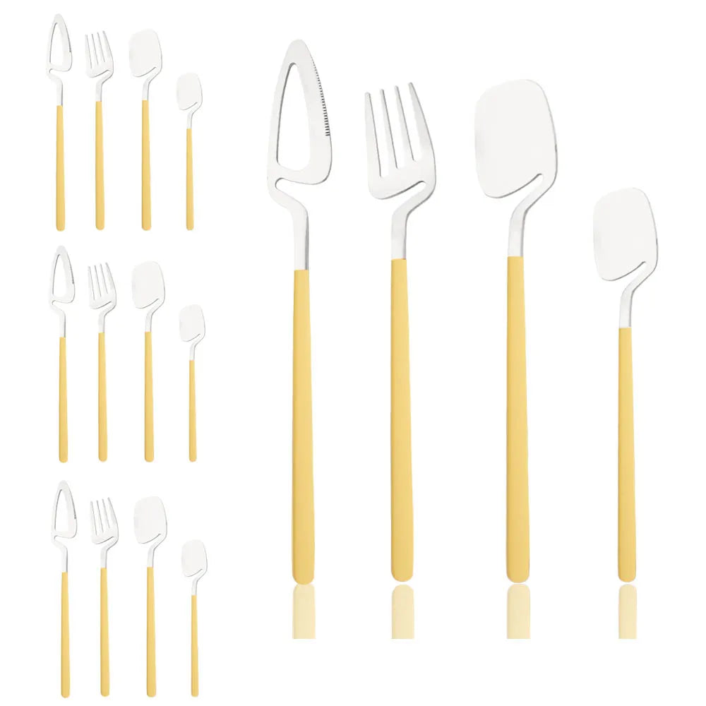 Surreal Style Silver Stainless Steel Flatware With Colorful Yellow Handles Silverware 16 Set Piece