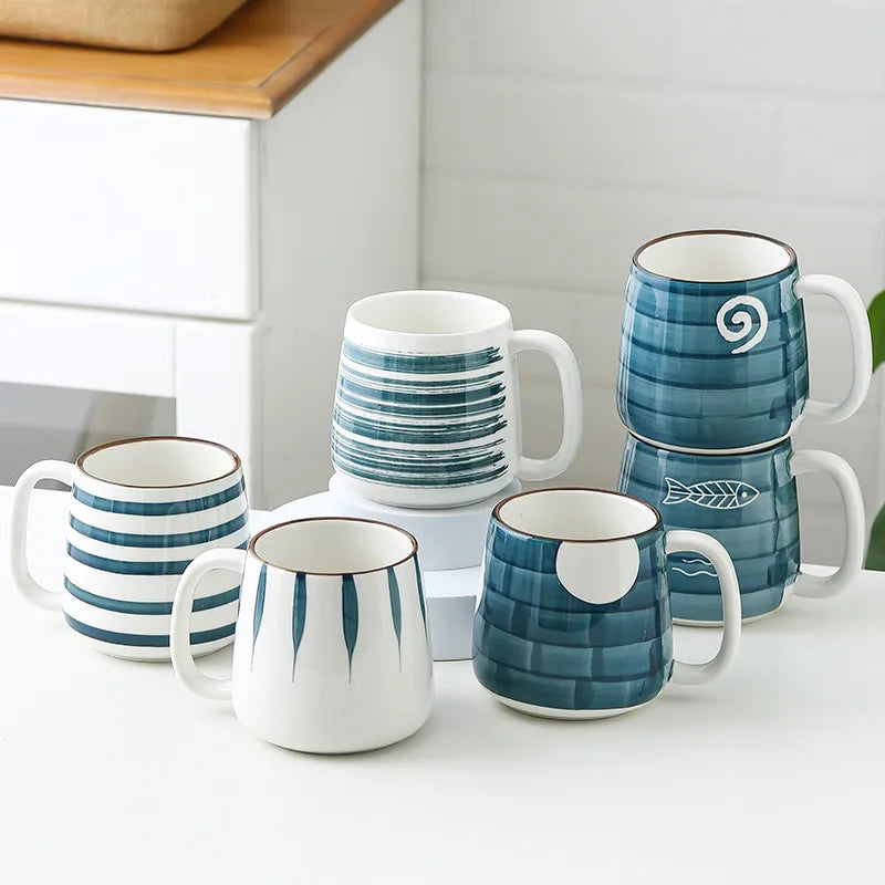 Drinkware Blue And White Nautical Style Cups Beach House Decor Ceramic Mugs In Mariner Buoy Pier And Nautilus Patterns