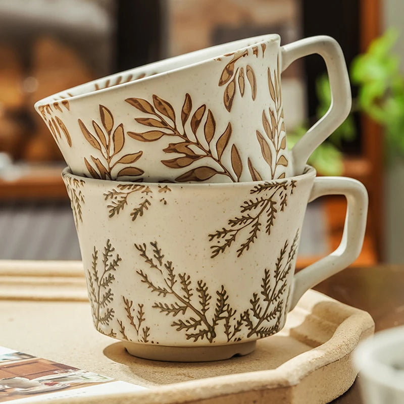 Botanical Prints On Stacked Tea Cups In Natural Organic Decor Patterns