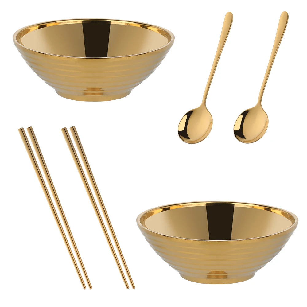 Dish Sets With Utensils Glam Stainless Steel Insulated Colorful Gold Noodle Bowls With Matching Gold Spoons And Gold Chopstick Sets