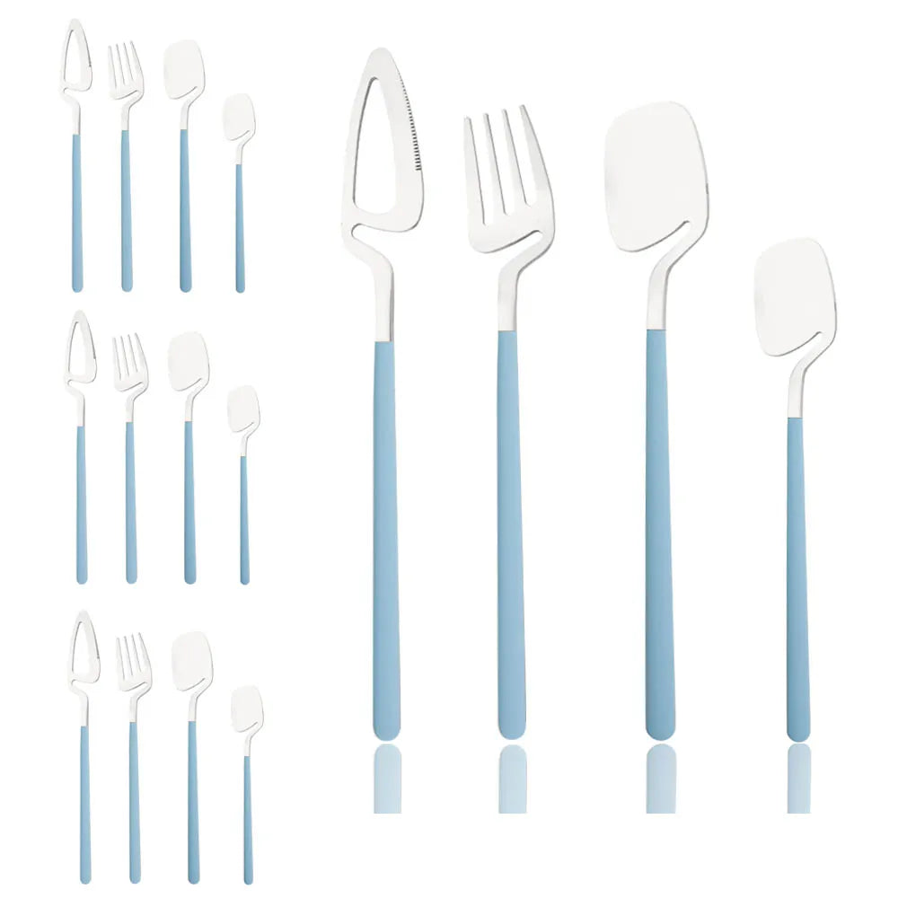 Surreal Style Silver Stainless Steel Flatware With Colorful Blue Handles Silverware 16 Set Piece