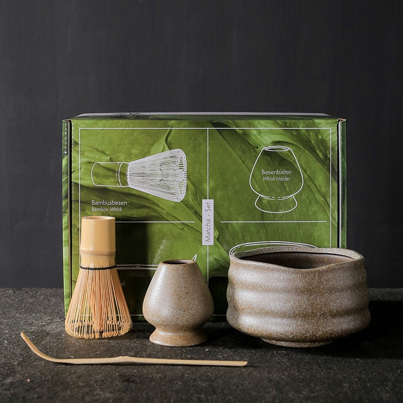 Sandstone Color Ceramic Matcha Bowl And Bamboo Whisk 4 Piece Luxury Traditional Matcha Tea Tool Gift Set