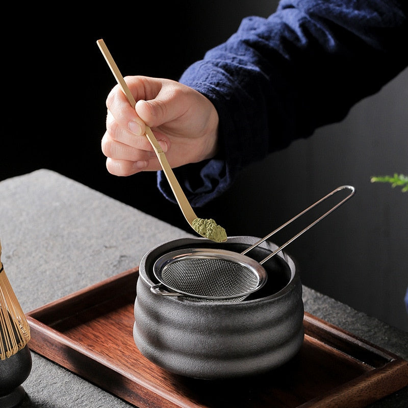 Scoop Matcha Green Tea Powder Using Bamboo Tool
