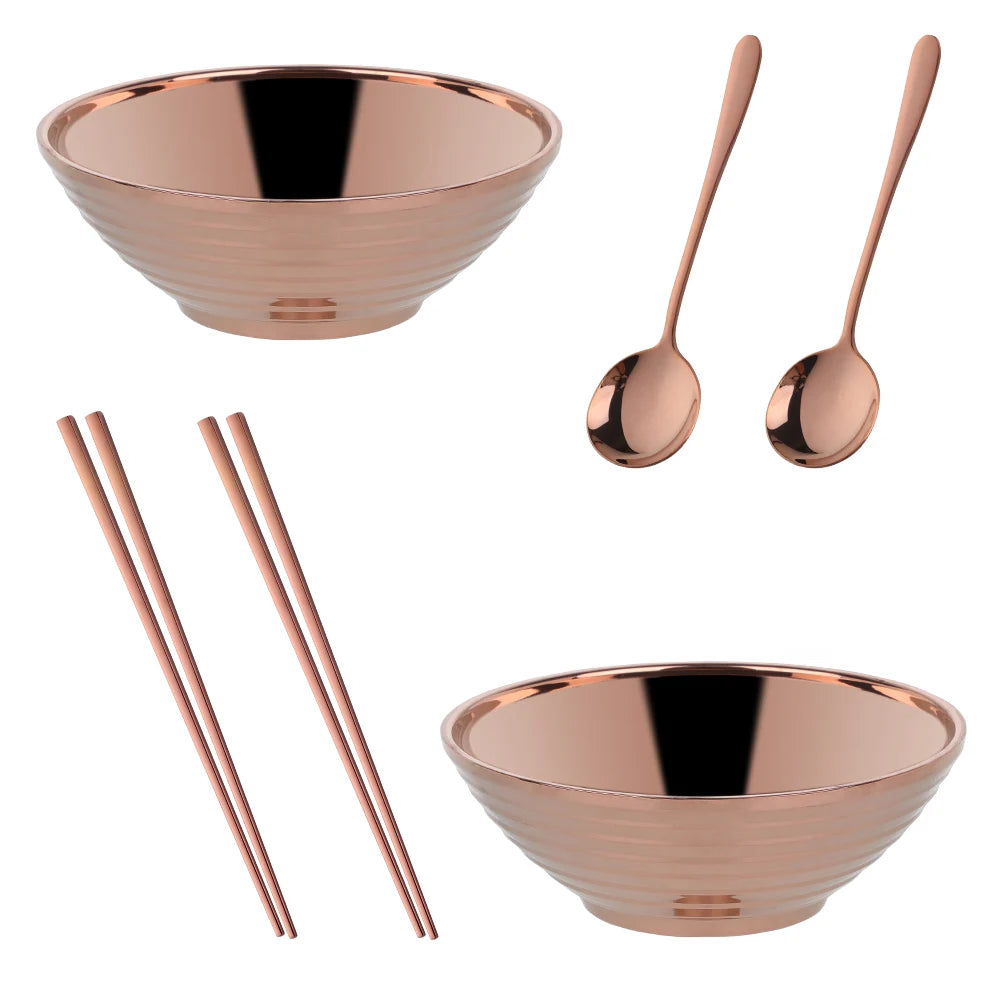 Dish Sets With Utensils Glam Stainless Steel Insulated Colorful Rose Gold Noodle Bowls With Matching Rose Gold Spoons And Rose Gold Chopstick Sets