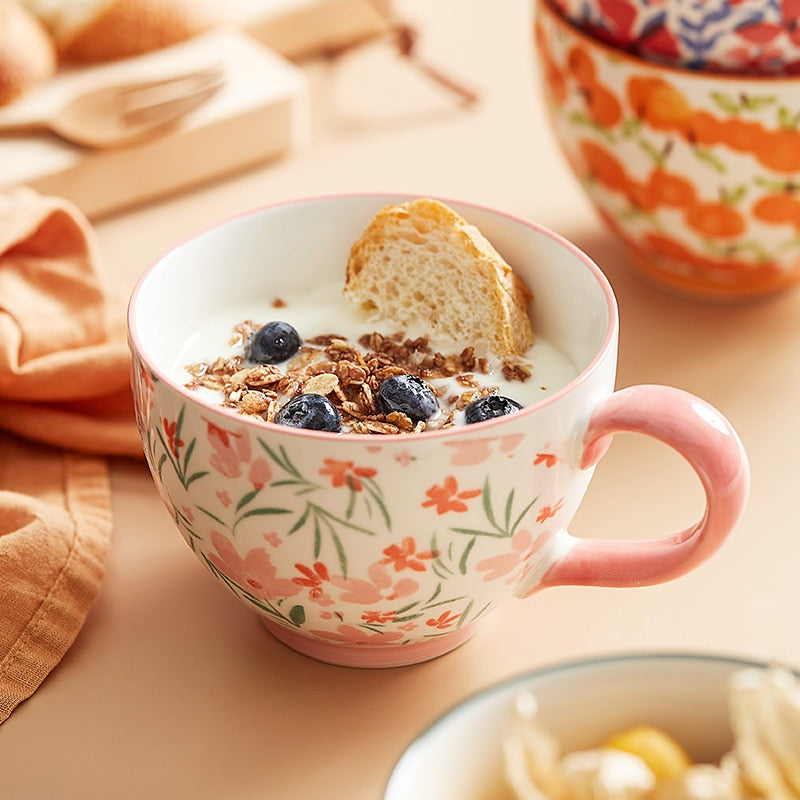 Breakfast Bowl With Handle Ceramic Cereal Mug In Flower Petal Pattern