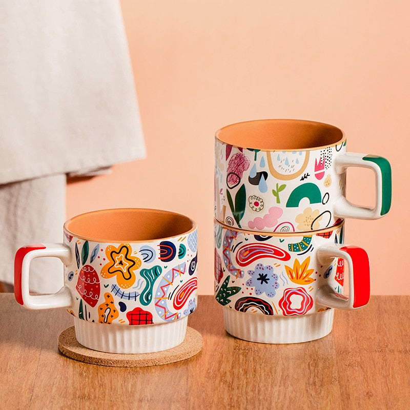 Stackable Mugs Ceramic Cups With Bold Colors And Fun Prints Artful Abstracts