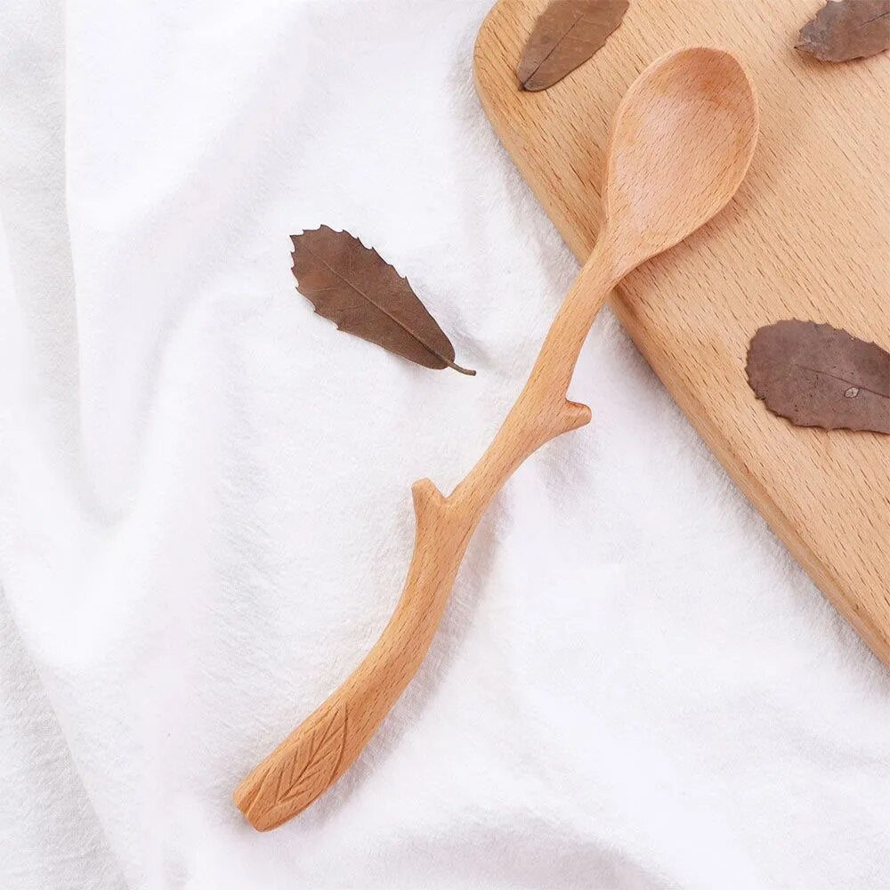 Real Beech Wood Fantasy Style Wooden Spoon That Looks Like A Branch With Leaf Carving For Fall Tablescapes And Kitchen Decor