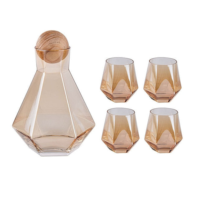 Nordic Style Champagne Color Fractal Glass Carafe & Cups Five Piece Set