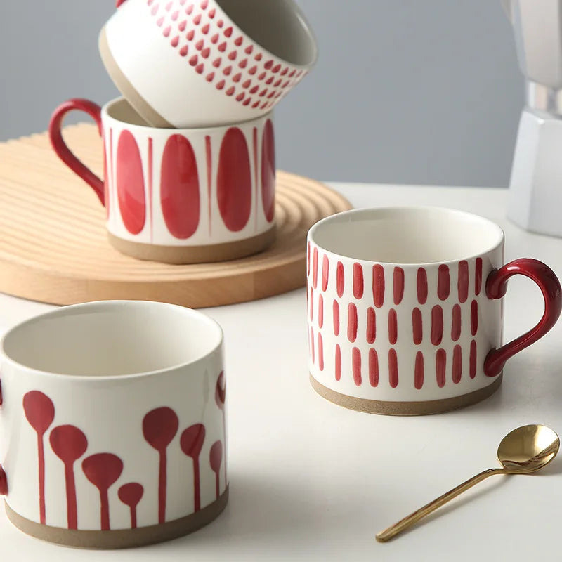 Red And White Mugs Grounded Art Ceramic Pottery With Exposed Bottoms