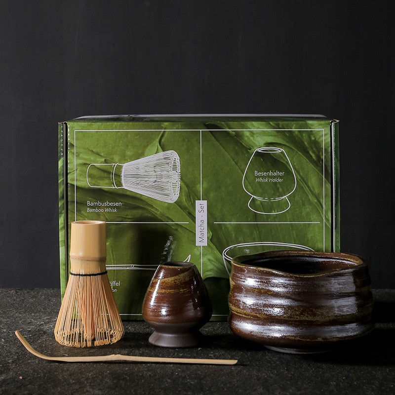 Umber Color Ceramic Matcha Bowl And Bamboo Whisk 4 Piece Luxury Traditional Matcha Tea Tool Gift Set