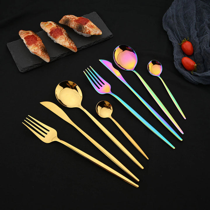 Shiny Flatware Gold Fork Knife Spoons And Iridescent Silverware In Reflective Rainbow Colors
