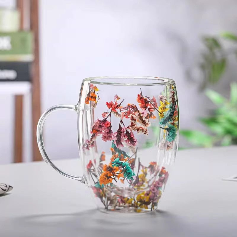 Double Wall Glass Mug Filled With Wild Flowers That Move As You Drink