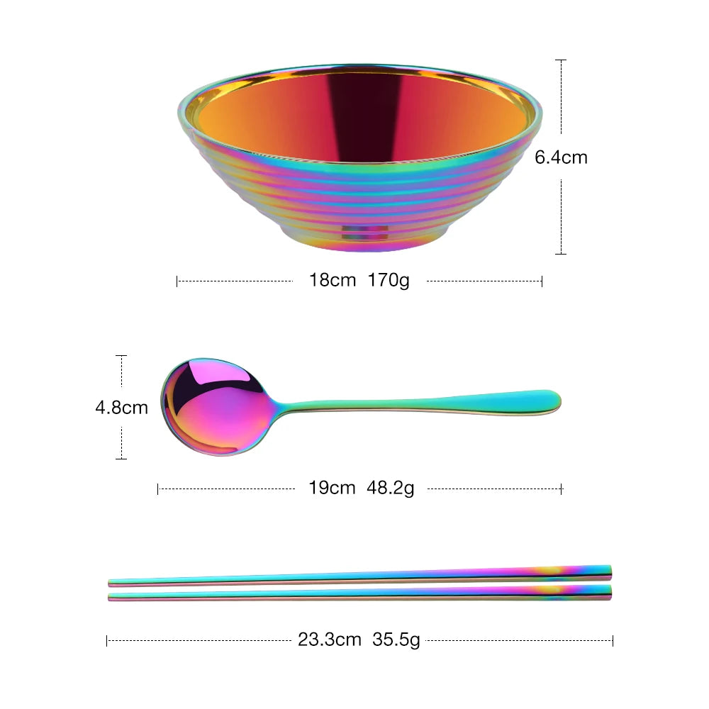 Glam Stainless Steel Insulated Colorful Iridescent Noodle Bowl With Matching Iridescent Spoon And Iridescent Chopsticks Set