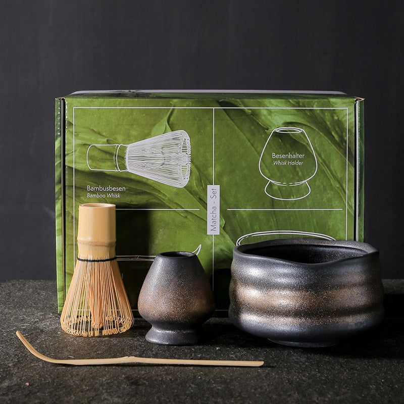 Terra Color Ceramic Matcha Bowl And Bamboo Whisk 4 Piece Luxury Traditional Matcha Tea Tool Gift Set
