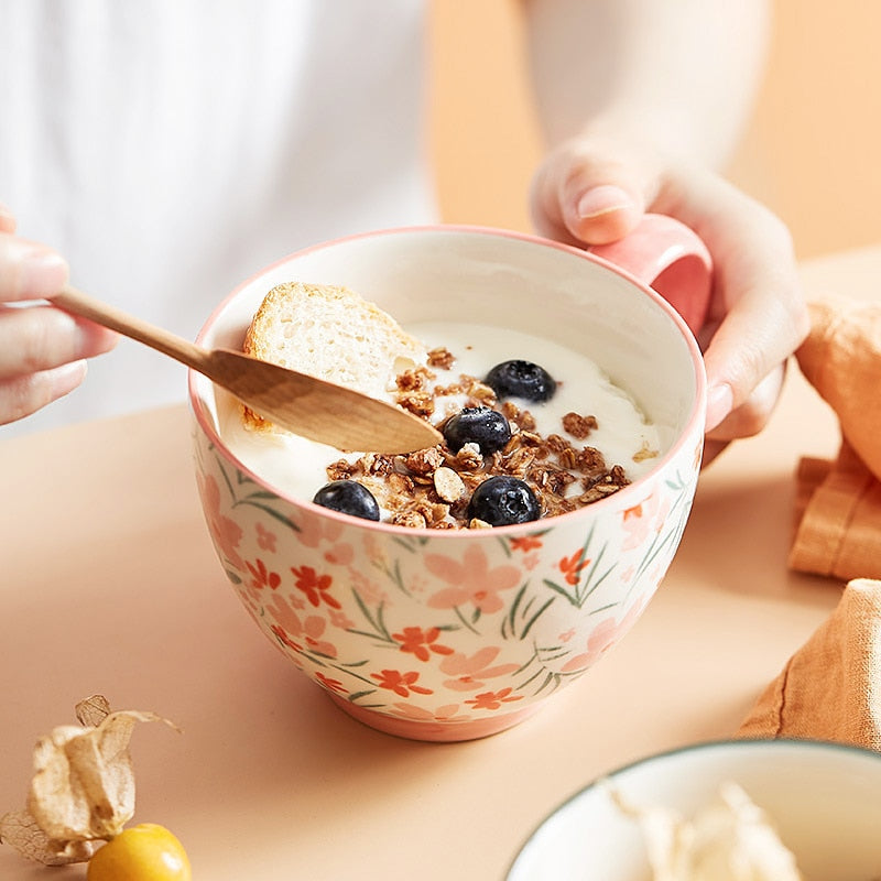 Ceramic Breakfast Cup In Floral Print Dawn Retro Style Cereal Mug