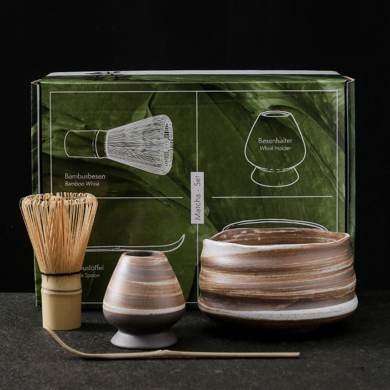 Stratum Color Ceramic Matcha Bowl And Bamboo Whisk 4 Piece Luxury Traditional Matcha Tea Tool Gift Set