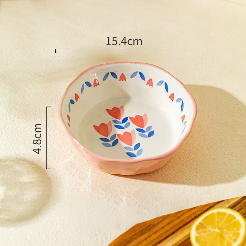 Cottage Vintage Style Ceramic Bowl Size Measurements Tulip Flower Pattern