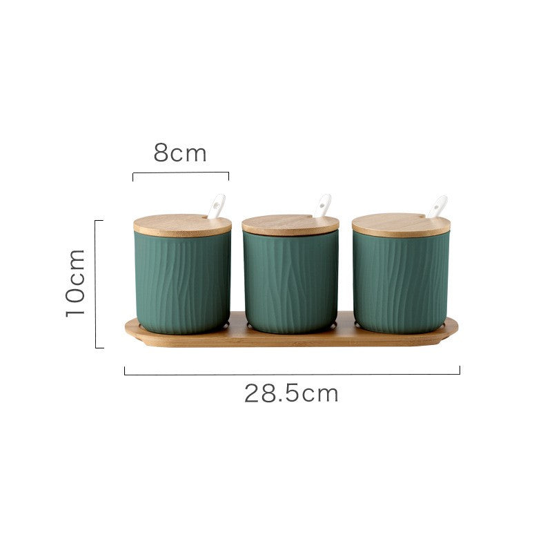 Organic Seaside Style 3 Ceramic Jars With Spoons Bamboo Lids And Wooden Tray Set In Sea Color Option