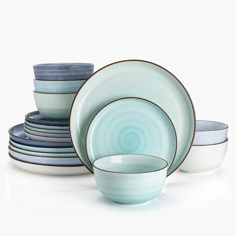 18 Piece Ceramic Dish Set Simplicity Seaside Colors Dinnerware With Six Place Settings Bowls Salad Plates And Dinner Plates In A Variety Of Blue Colors