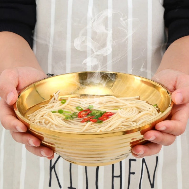 Holding Large Bowl Of Hot Noodle Soup Glam Insulated Stainless Steel Gold Noodle Bowl