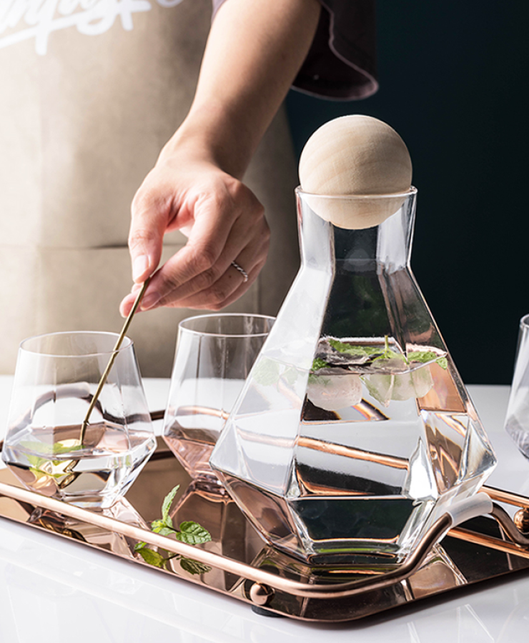 Serving Drinks Out Of Luxury Glass And Wood Carafe Clear Color Nordic Style Geometric Beverageware